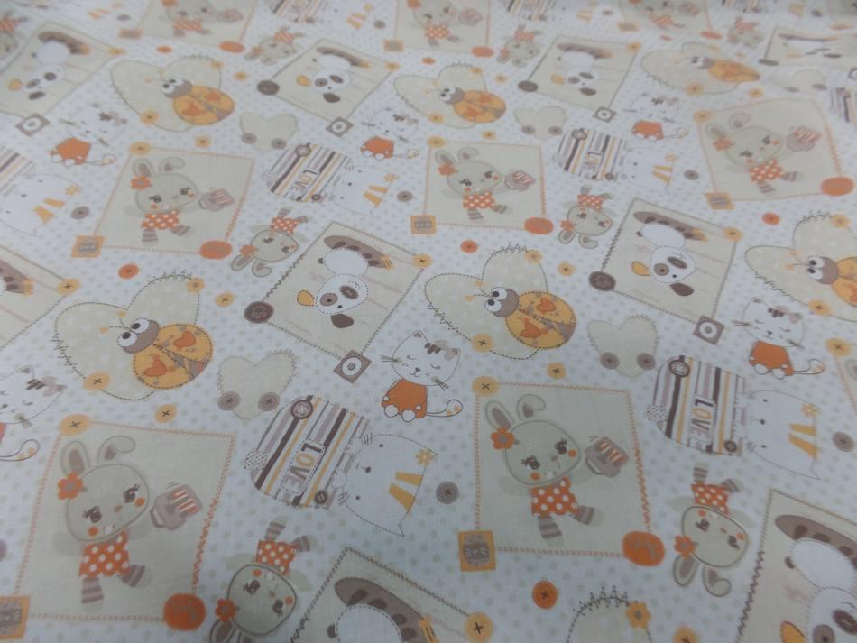 coton blanc imprimé enfant ton orange motifs coccinelle ,chat ,chien