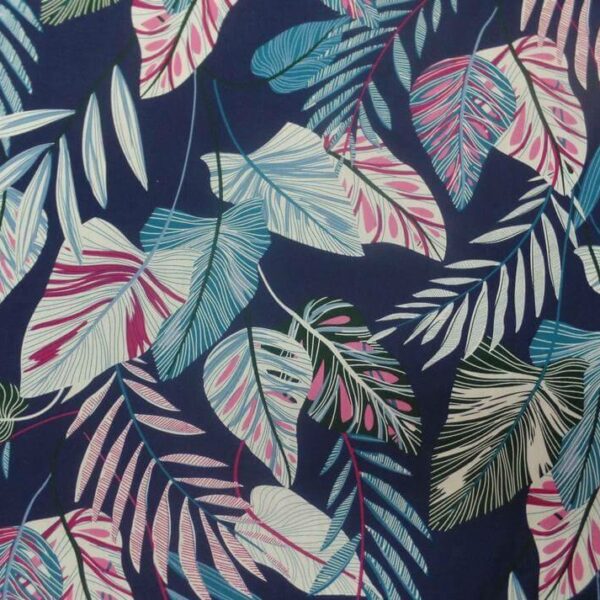 Coton popeline bleu nuit imprimé motifs feuilles