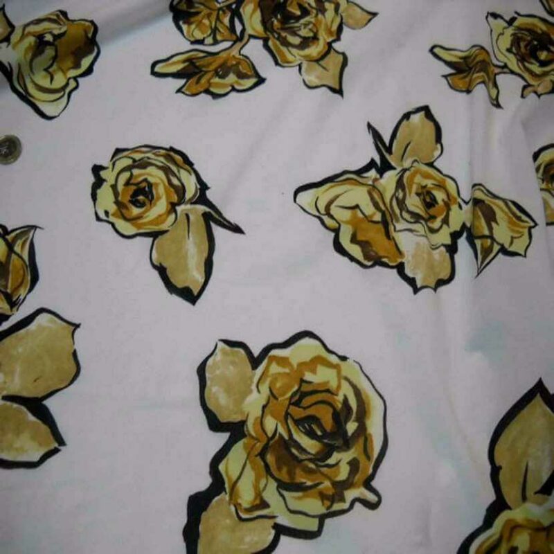 jersey polyester blanc imprime rose ton beige jaune Jersey polyester blanc imprimé rose ton beige jaune