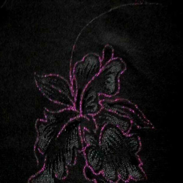 Lycra noir façonné fleurs lurex rose