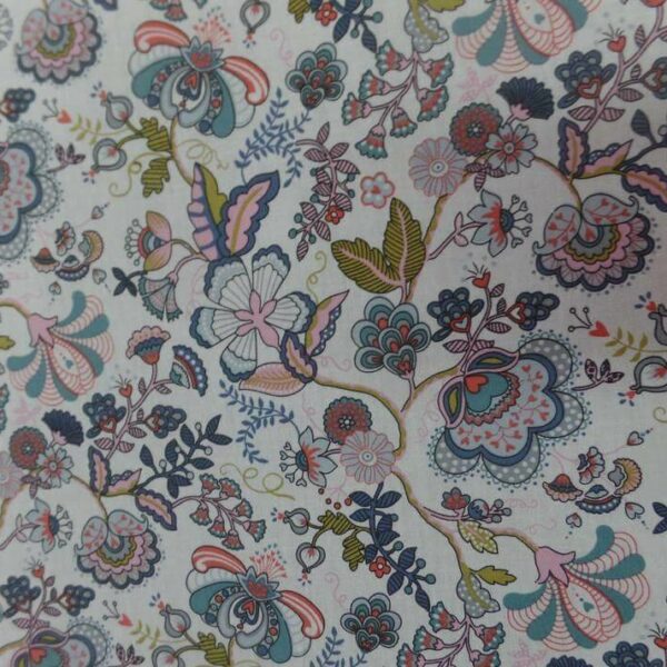 Popeline coton blanche imprimé motifs fleurs multicolores