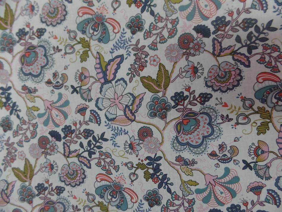 Popeline coton blanche imprimé motifs fleurs multicolores