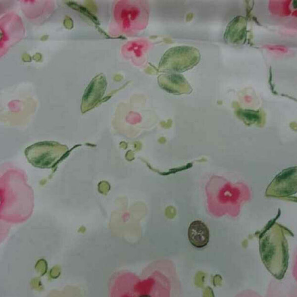 popeline coton lycra blanche imprimé fleurs rose