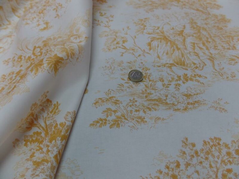 toile de jouy blanc casse satin coton motifs romantique jaune safran6 Toile de Jouy blanc cassé satin coton motifs romantique jaune safran