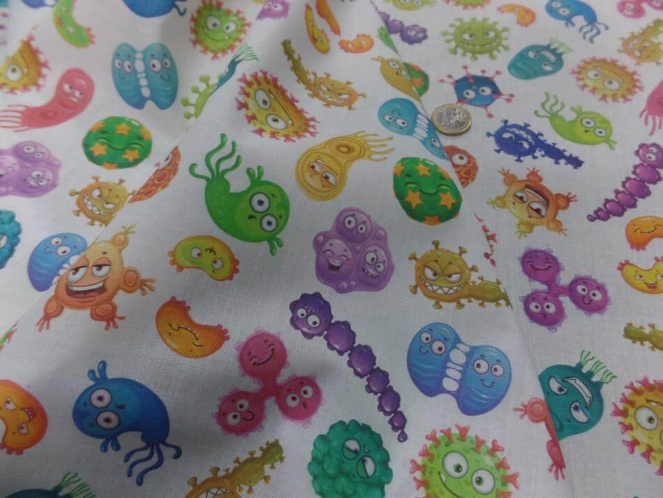 tissu coton bio blanc imprimé enfant motifs virus