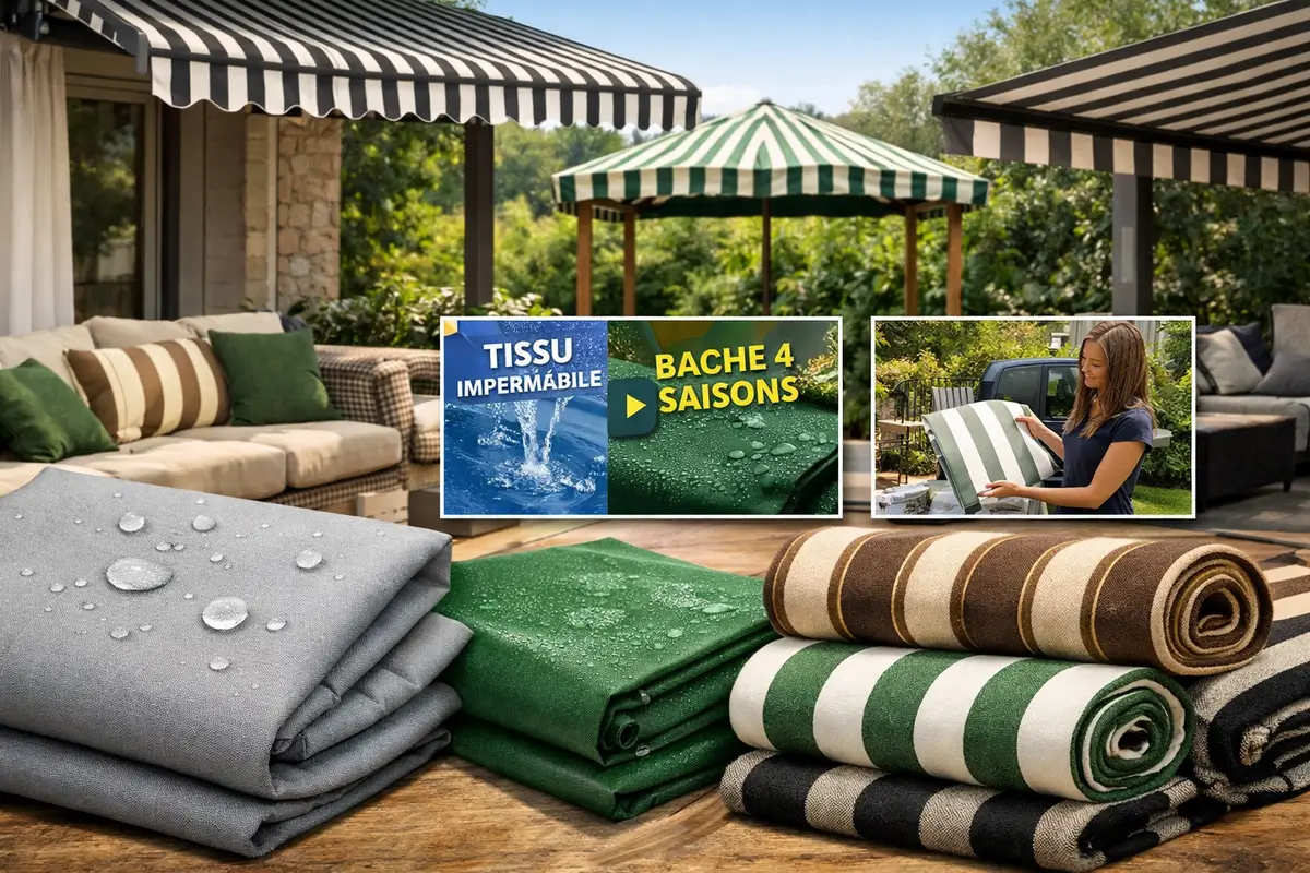 Tissus d’extérieur imperméables et anti-UV (toile de store, bâche 4 saisons, tissu Téflon) pour coussins, housses de mobilier et pergola