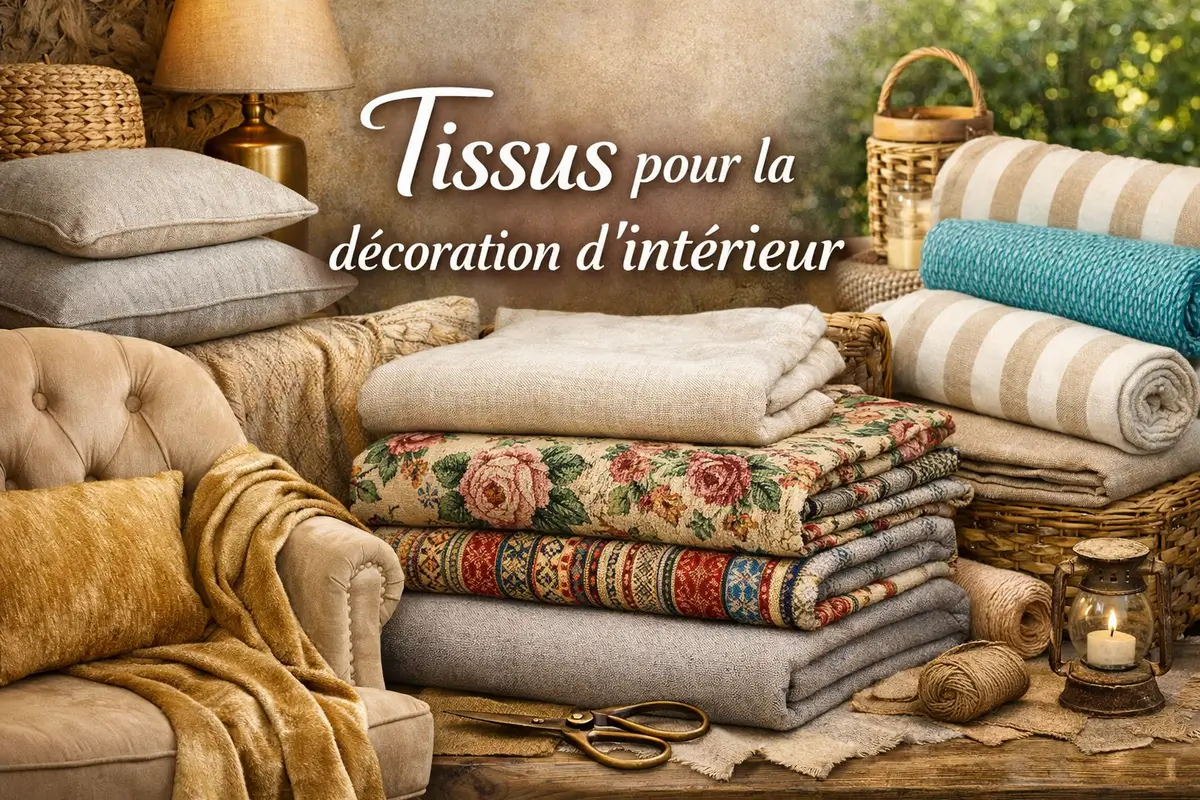 Composition horizontale de tissus pour la décoration d’intérieur : velours côtelé, lin-coton naturel, bouclette et gobelin jacquard, idée rideaux coussins et canapé