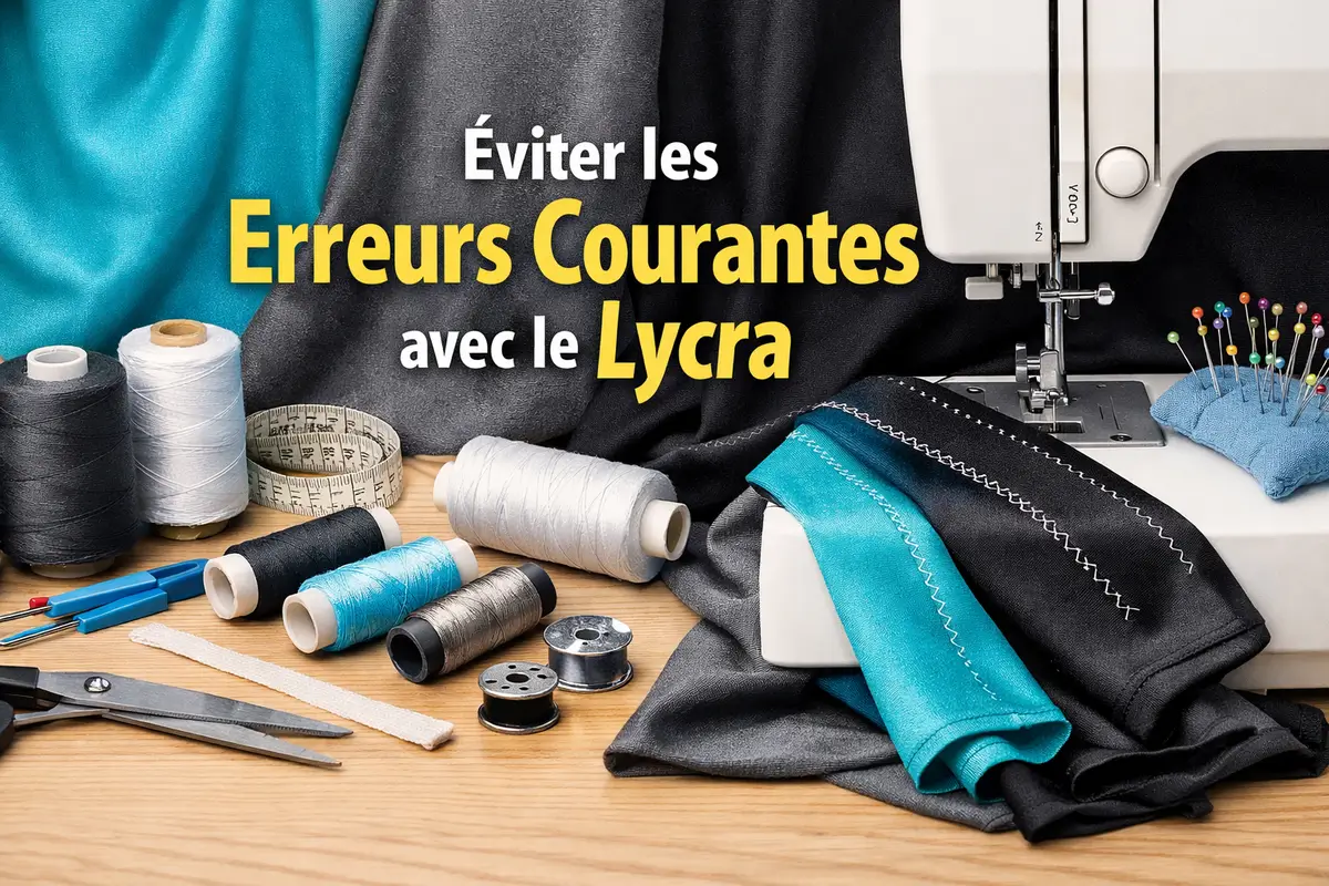 Machine à coudre, bobines de fil, ciseaux et tissus Lycra noirs et turquoise pour illustrer un guide sur les erreurs courantes avec le Lycra