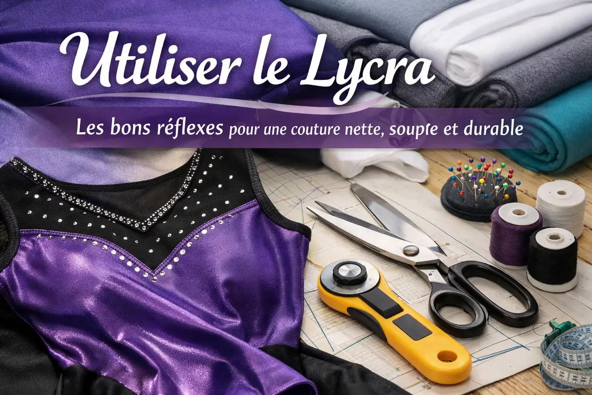 Atelier de couture avec tissu Lycra violet, justaucorps brillant, ciseaux, cutter rotatif et fournitures pour apprendre à utiliser le Lycra correctement