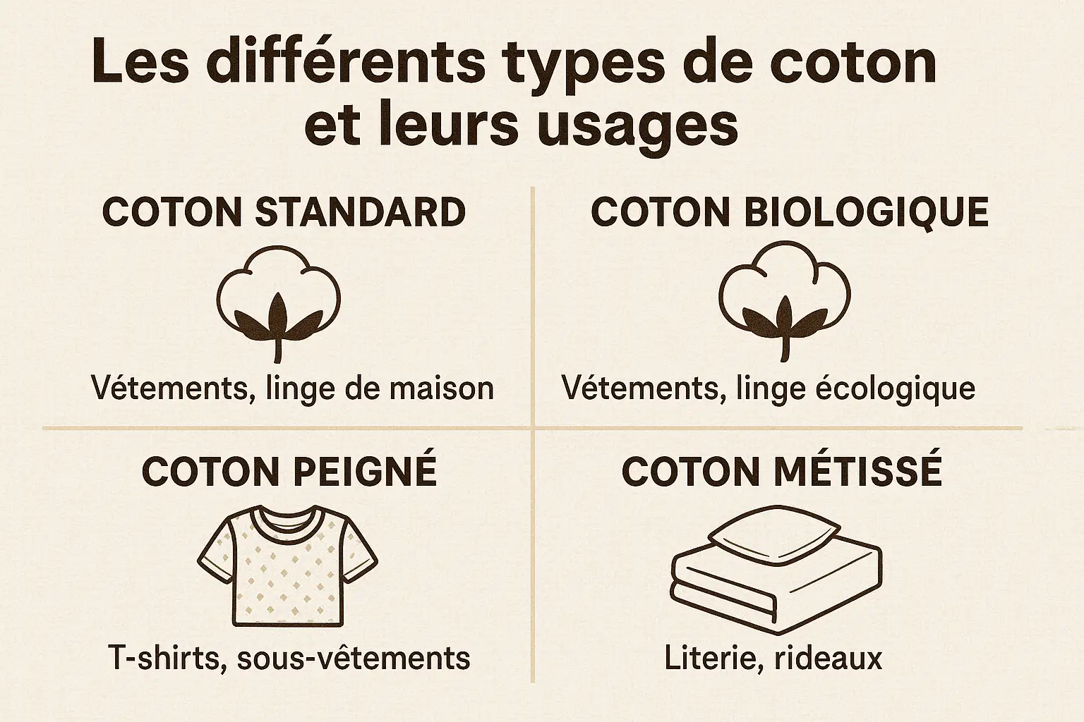 Illustration représentant les différents types de coton et leurs usages