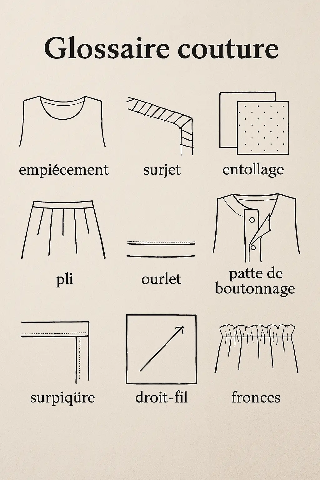 Glossaire illustré des termes clés en couture pour débutants, avec visuels explicatifs