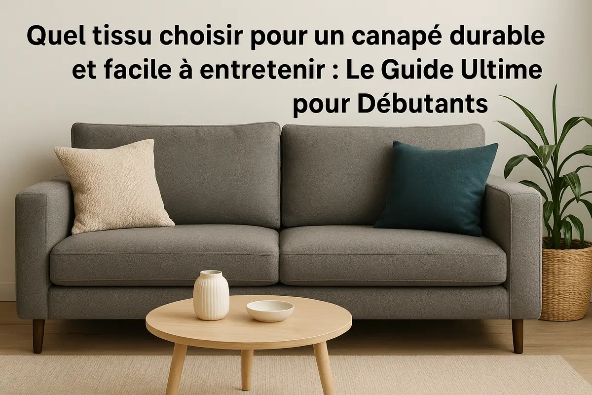 Canapé moderne en tissu gris durable et facile à entretenir, décoré avec coussins et plantes vertes – illustration du guide couture