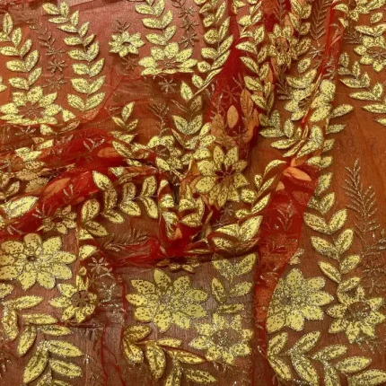 Résille rouge dentelle dévorée lurex doré