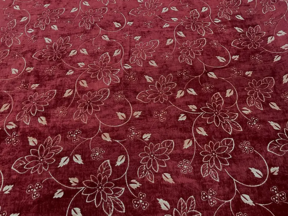 Velours double-face rouge bordeaux doré brodé fleurs