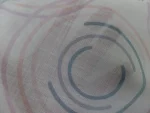 Voile aspect coton blanc imprimé cercles abstraits bleu rose et saumon