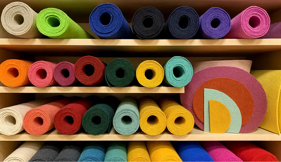 Image horizontale montrant une étagère de marchand de tissus avec des rouleaux de feutrine de différentes couleurs, rangés par teinte et taille sur des étagères en bois clair. Acheter tissu feutrine.