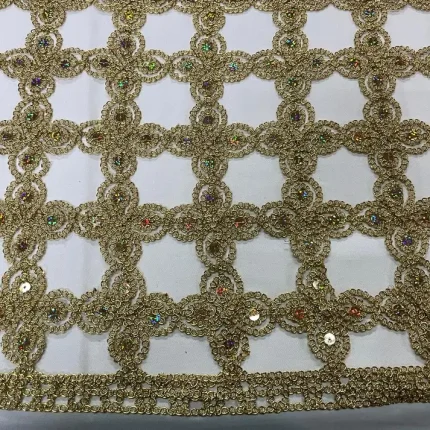 Guipure Lurex Doré à Sequins – Motif Carreaux, Largeur 1,30 m
