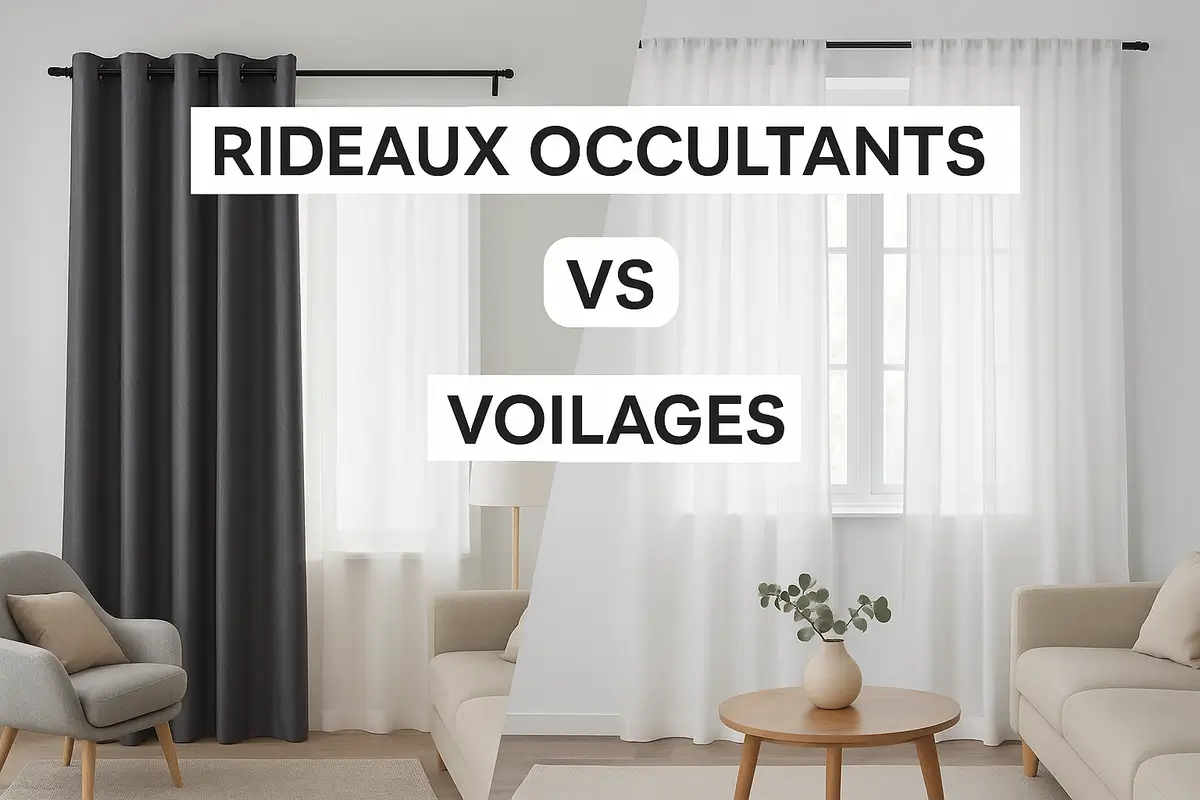 Comparaison visuelle entre un rideau occultant foncé et un voilage blanc léger dans un salon moderne, illustrant les différences de lumière et d’ambiance.