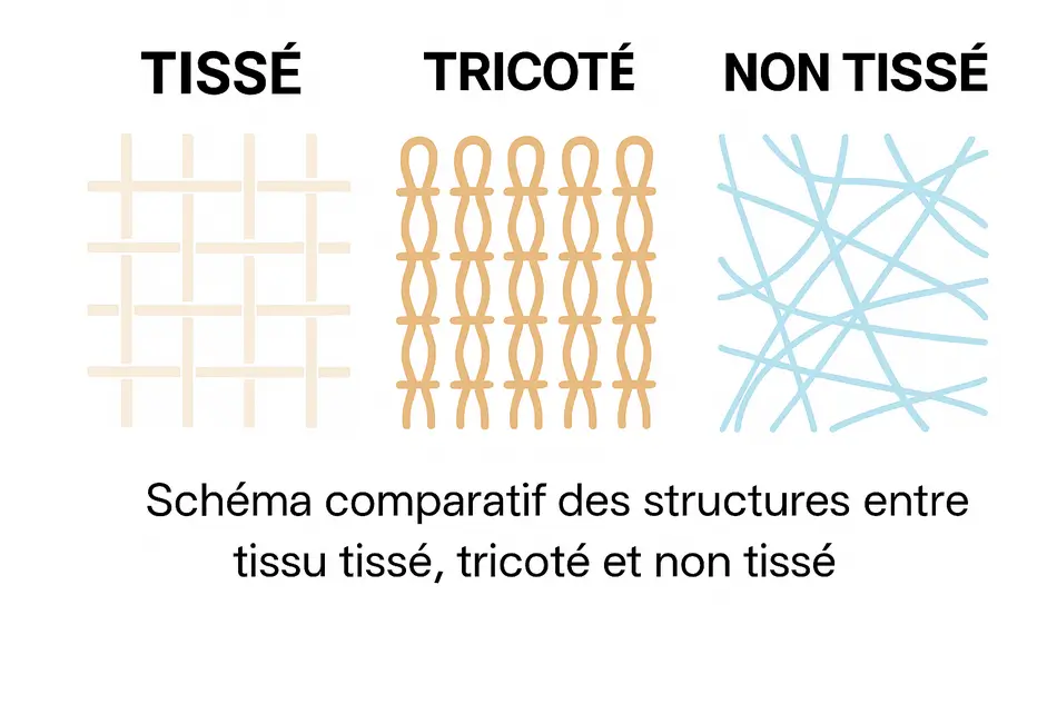 Schéma illustrant trois types de structures textiles : tissu tissé avec fils croisés, tissu tricoté avec boucles entrelacées, et tissu non tissé avec fibres dispersées. Comparatif tissu feutrine.