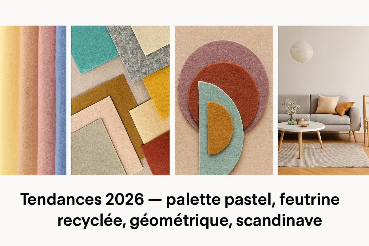 Galerie en quatre colonnes illustrant les tendances créatives 2026 : palette de feutrines pastel, feutrine recyclée en couches colorées, composition géométrique en feutrine, et intérieur scandinave épuré avec textiles doux. Feutrine recyclée tendances 2026.