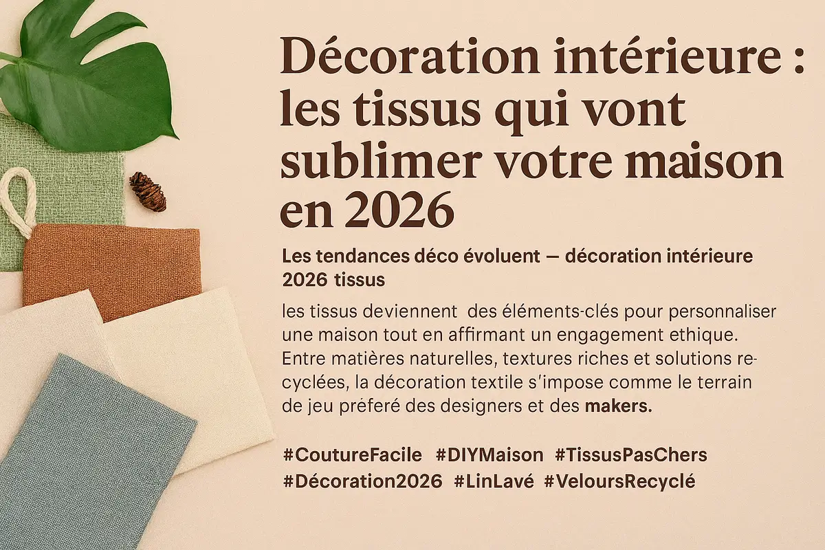 Échantillons de tissus tendance 2026 (lin lavé, velours côtelé, chanvre) présentés en flat lay avec feuille de monstera et corde naturelle, illustrant les styles déco éthiques et chaleureux.