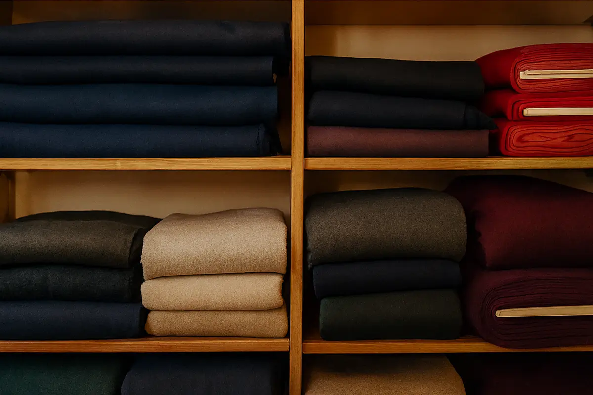 Image horizontale montrant des étagères en bois garnies de rouleaux de tissus lainage : bleu marine, beige, gris, bordeaux et rouge. L’ambiance est cosy, avec éclairage doux et présentation soignée typique d’une mercerie ou boutique textile.