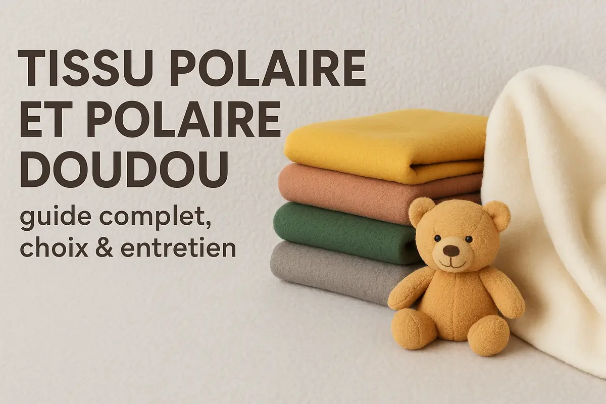 Image illustrant un guide sur le tissu polaire et polaire doudou avec empilement de tissus colorés et ours en peluche, symbolisant douceur et confort.