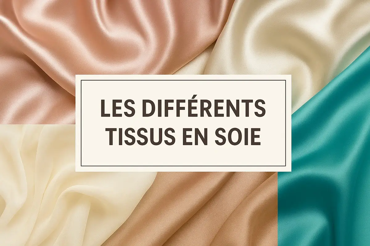 Illustration montrant différents types de tissus en soie, aux textures et couleurs variées, pour présenter les familles de soie.