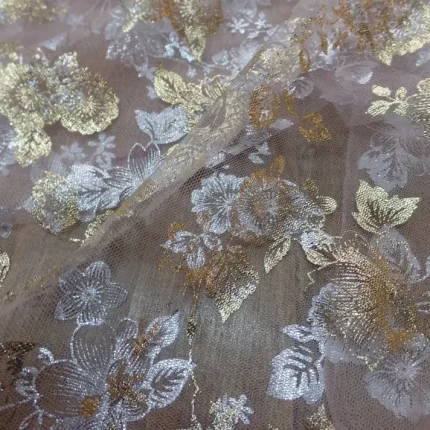 Résille Beige Clair Double Face Fleurs Doré et Métal