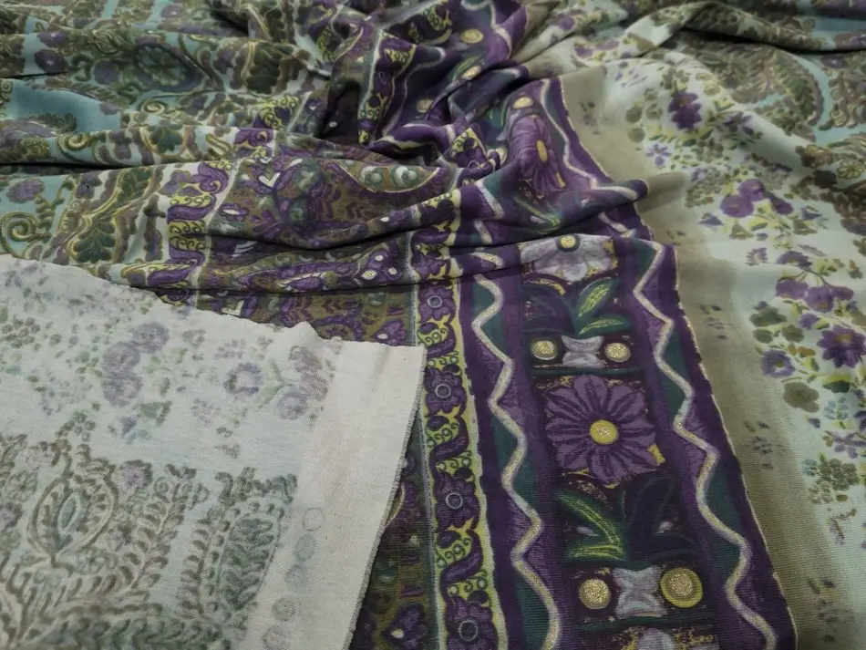 Coupon de Jersey Coton Bleu Clair Imprimé Vert et Violet