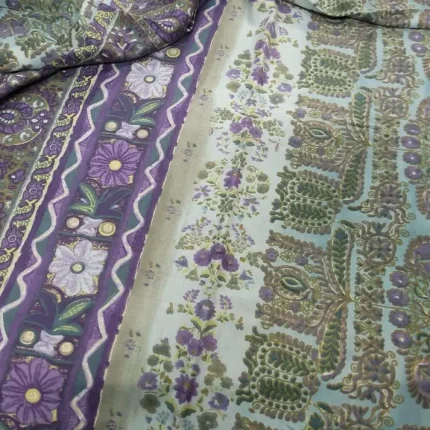 Coupon de Jersey Coton Bleu Clair Imprimé Vert et Violet