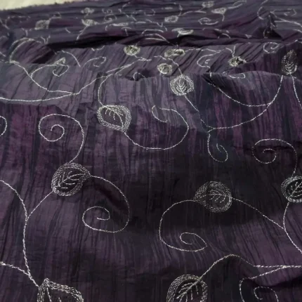 Taffetas Plissé Aubergine Brodé Fleurs Dorées