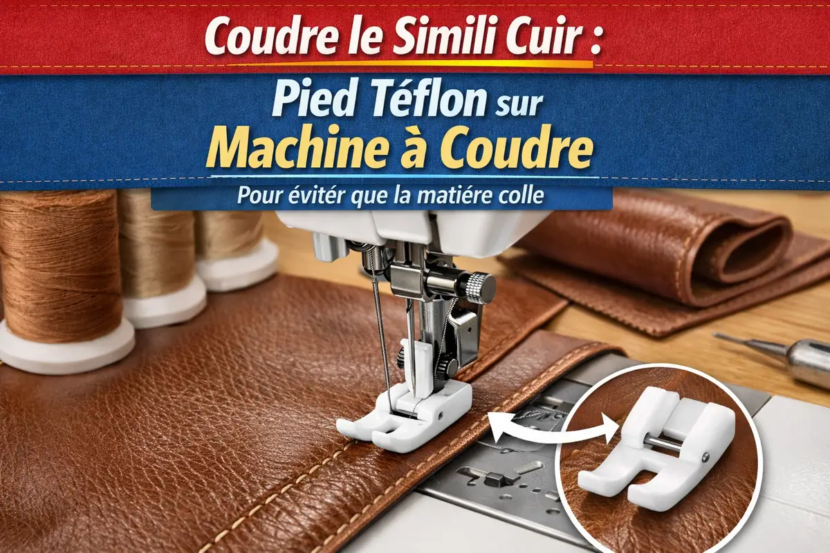 Coudre le simili cuir : utiliser un pied téflon sur machine à coudre (anti-collage) pour des points réguliers