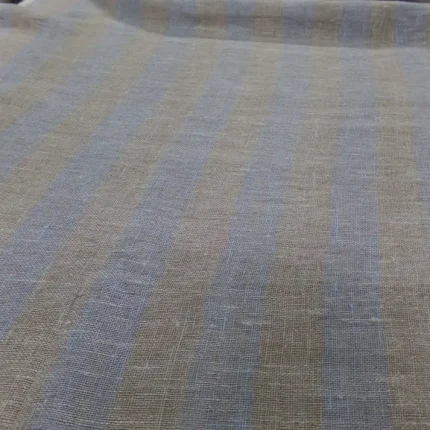 Voile de lin rayé naturel et bleu