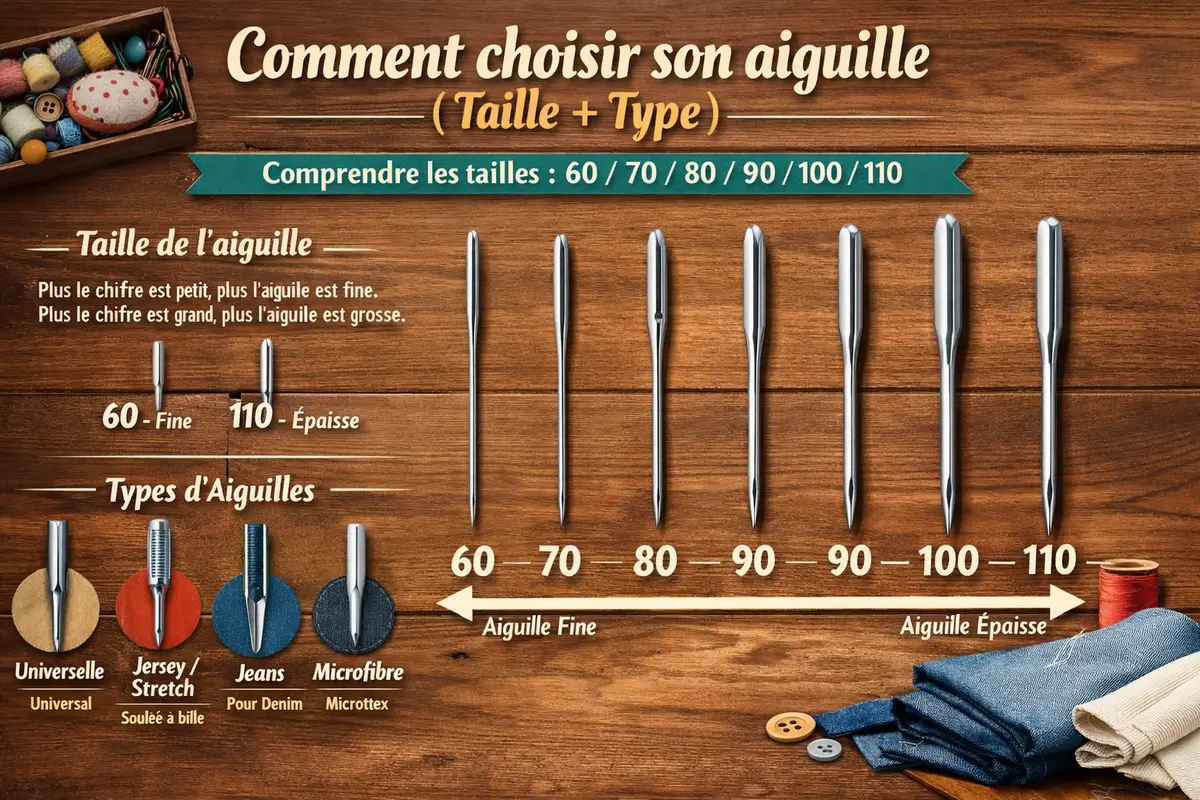 Infographie couture expliquant comment choisir une aiguille de machine à coudre selon la taille (60, 70, 80, 90, 100, 110) et le type (universelle, jersey, jeans, microtex).