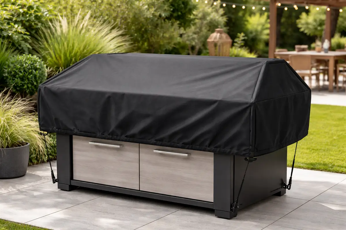 Housse extérieure sur mesure noire posée sur une plancha extérieure, avec sangles de fixation anti-vent pour une tenue bien ajustée.