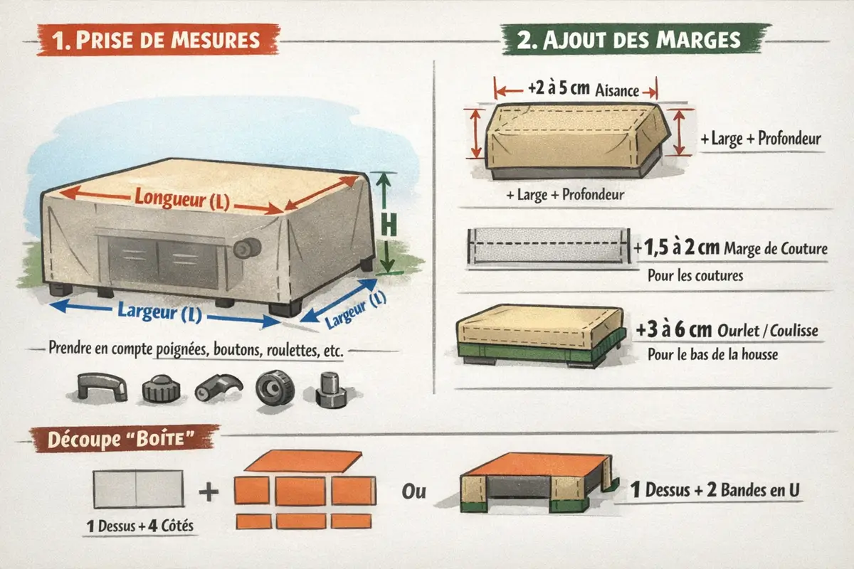 Schéma montrant la prise de mesures (L, l, H) et les marges recommandées (aisance, marge de couture, bas/ourlet) pour découper une housse extérieure en forme boîte (mobilier ou plancha)