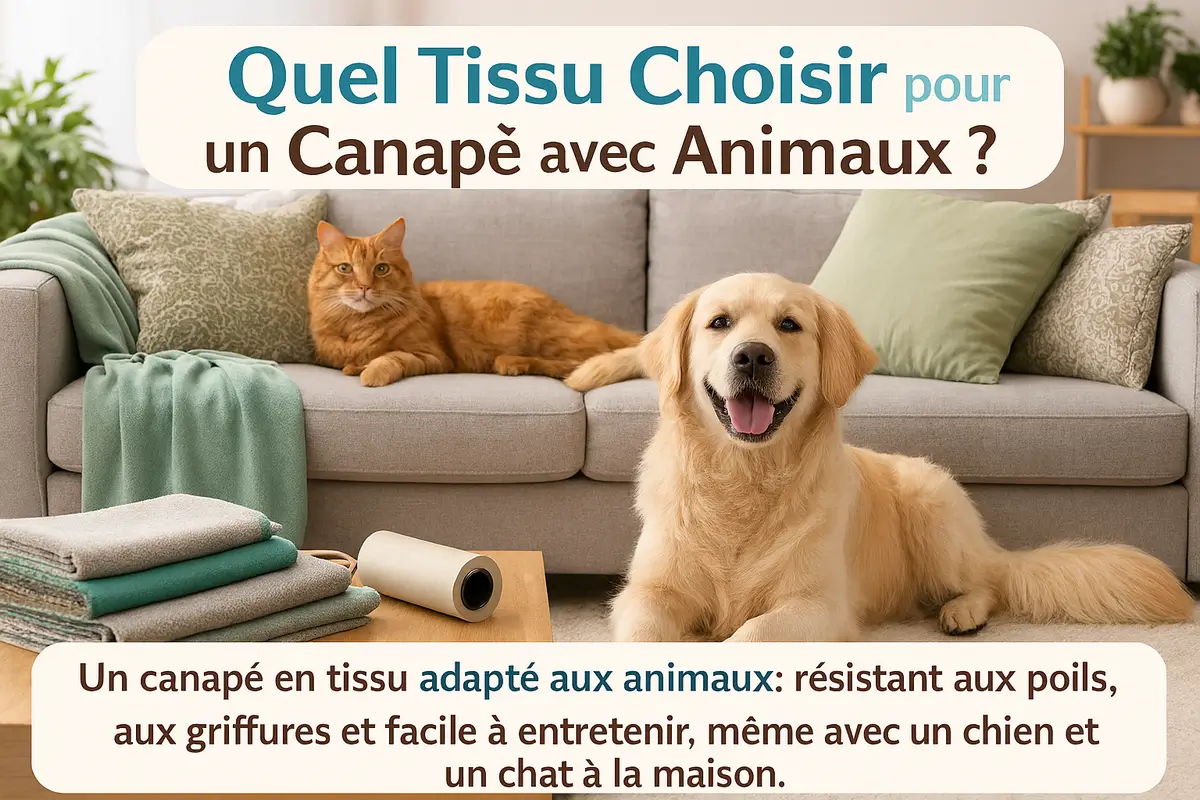 Canapé en tissu résistant aux animaux avec un chien et un chat, exemple de tissu anti-poils et anti-griffures pour salon
