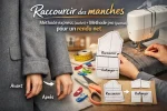 Illustration couture montrant le raccourcissement de manches trop longues : avant/après par ourlet et méthode pro par modification du patron, avec machine à coudre et outils