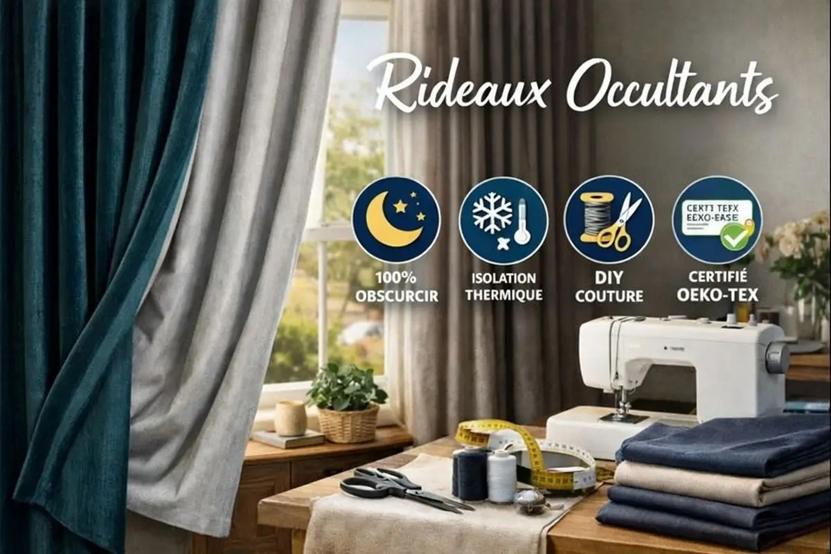 Rideaux occultants thermiques bleu pétrole et gris clair posés sur une table de couture en bois, avec machine à coudre, ciseaux, fil, mètre ruban et tissu plié. Icônes indiquant 100% obscurcissant, isolation thermique, couture DIY et certification Oeko-Tex.