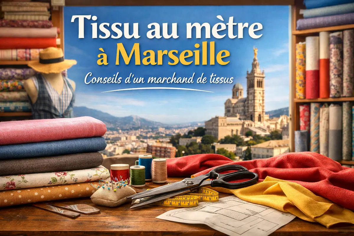Magasin de tissu au mètre à Marseille avec rouleaux de tissus colorés, ciseaux de couture et vue sur Notre-Dame de la Garde