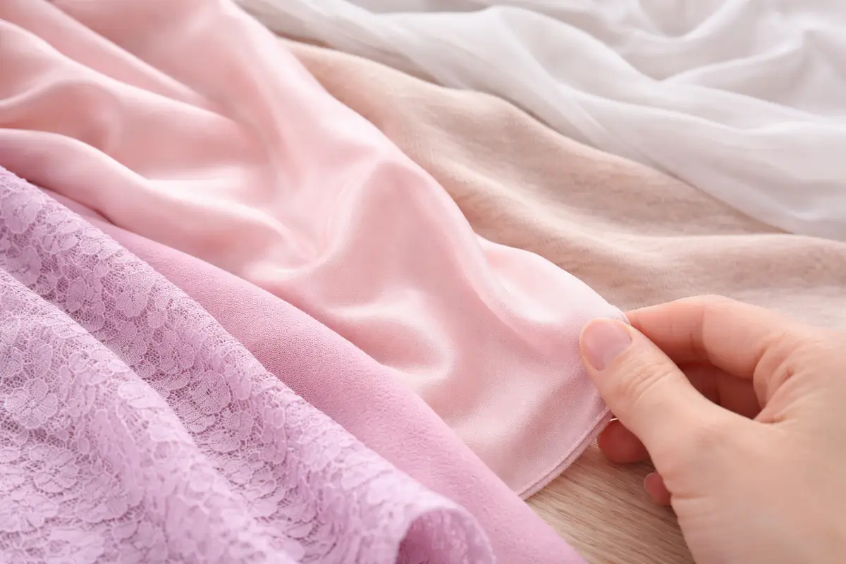Assortiment de tissus délicats comme maille fine, lycra, satin léger et viscose souple plus sensibles aux coutures qui gondolent