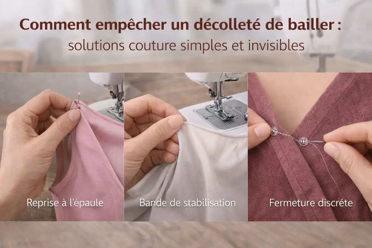 montage photo couture montrant plusieurs techniques pour empêcher un décolleté de bailler avec reprise à l épaule bande de stabilisation et fermeture discrète
