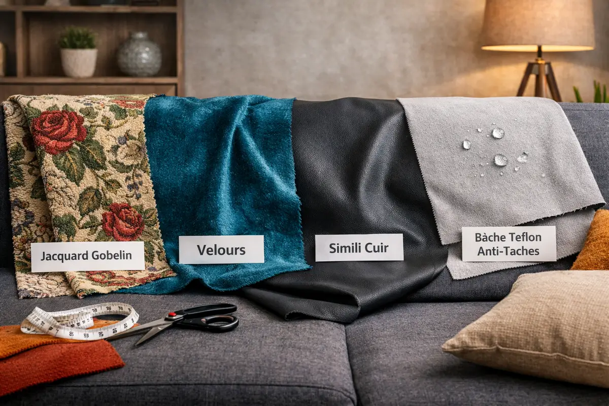 Tissus d’ameublement pour canapé : jacquard gobelin, velours, simili cuir et bâche téflon anti-taches, posés sur un canapé moderne pour comparer résistance et style.