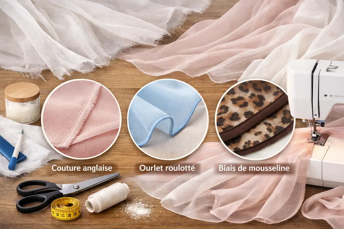 Coudre mousseline polyester : couture à la machine sur tissu fluide avec finitions légères (couture anglaise et ourlet roulotté)