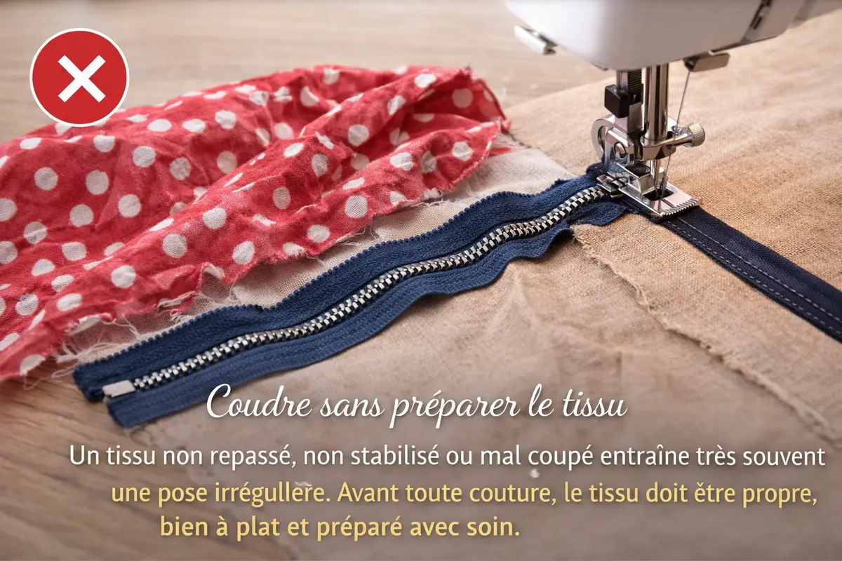 Tissu non préparé provoquant une pose irrégulière de fermeture éclair