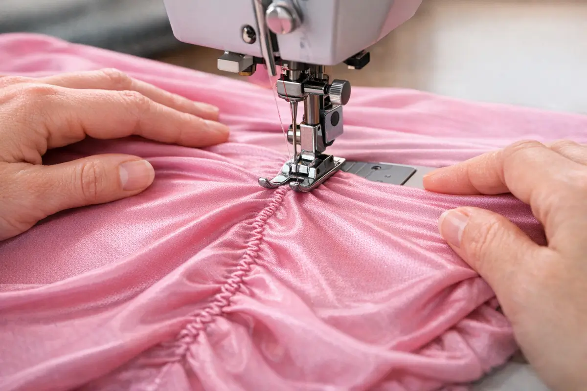 Tissu extensible guidé sous le pied-de-biche d’une machine à coudre avec risque de couture ondulée et irrégulière