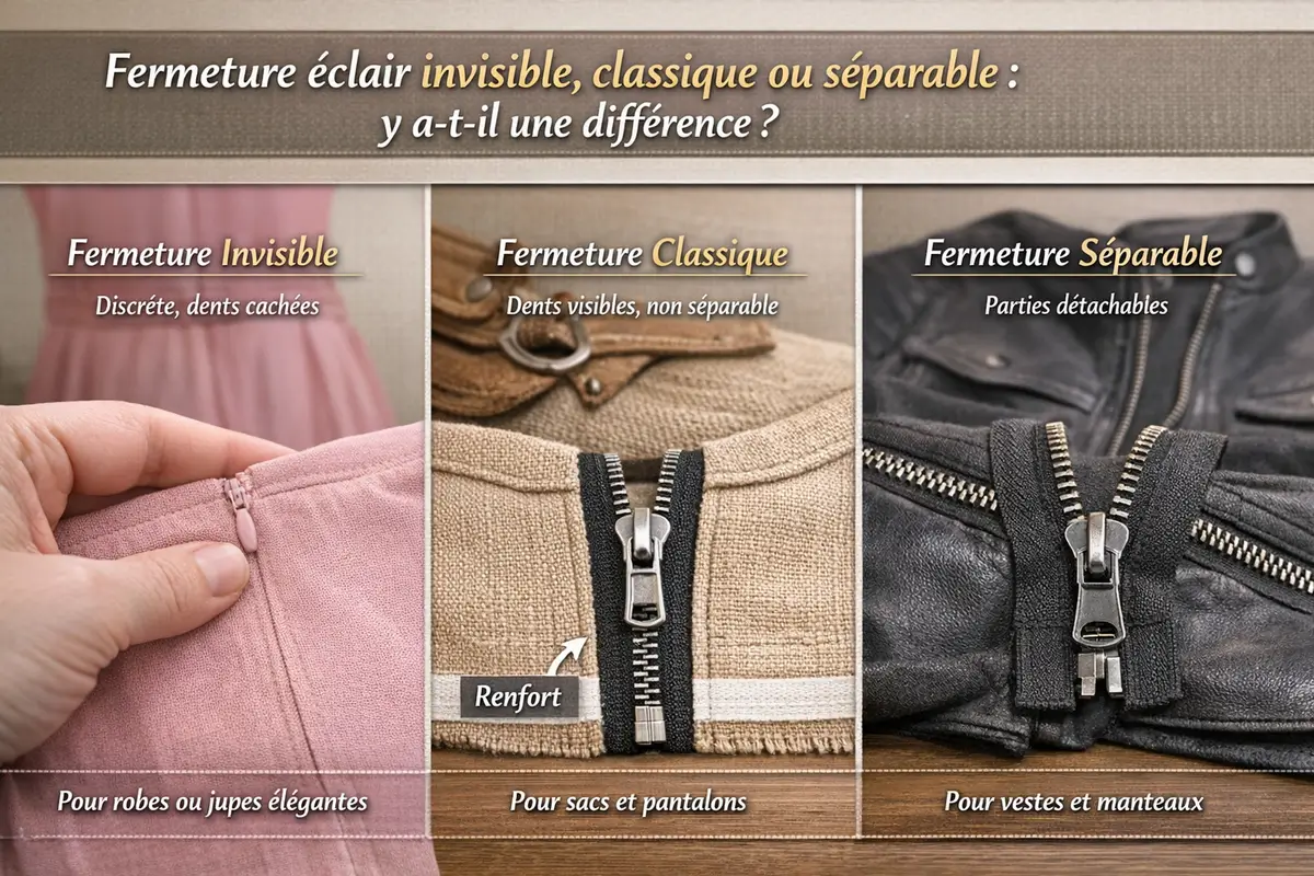 Comparatif entre fermeture éclair invisible, classique et séparable