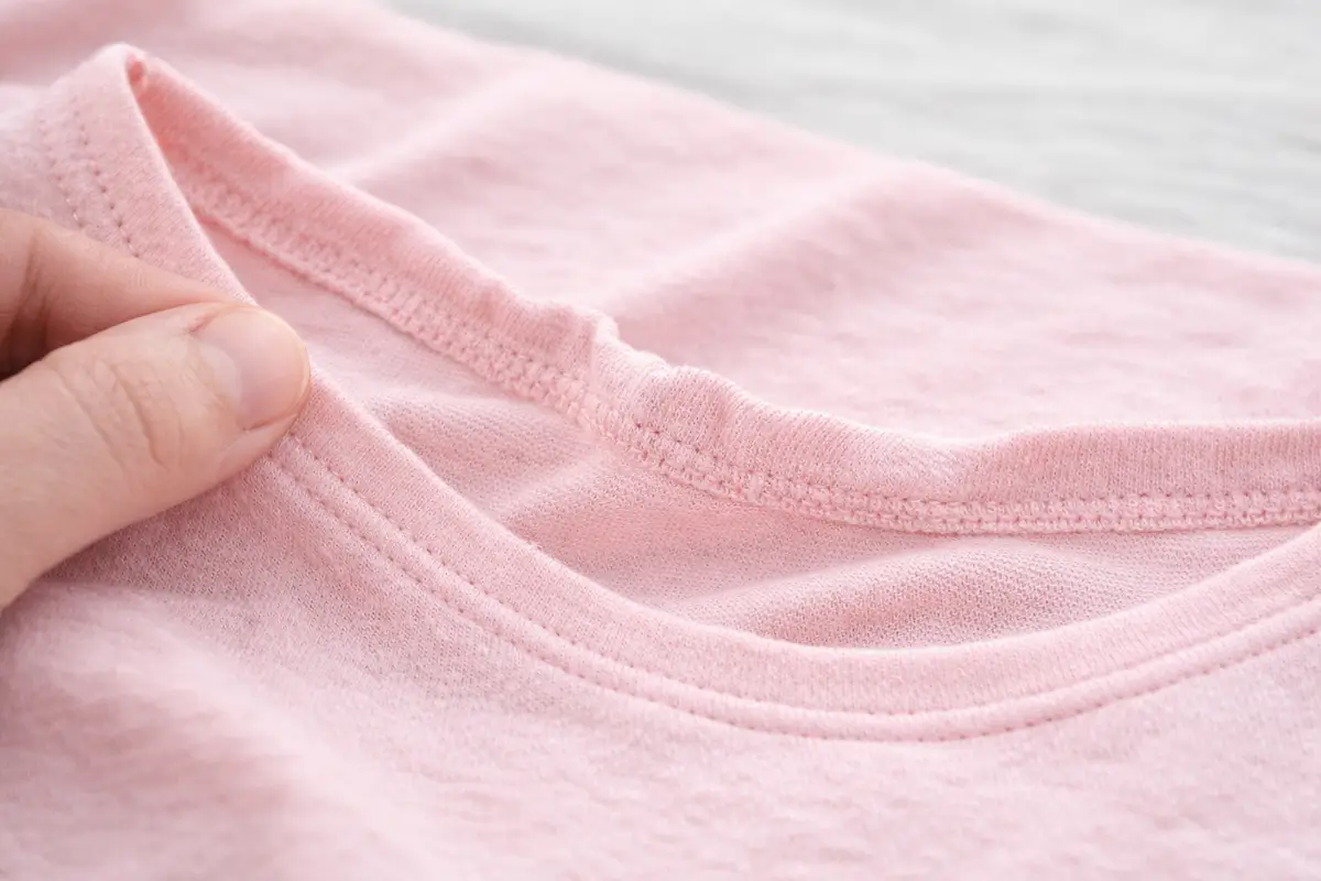 Encolure en jersey présentant une couture ondulée à cause d’un manque de stabilisation
