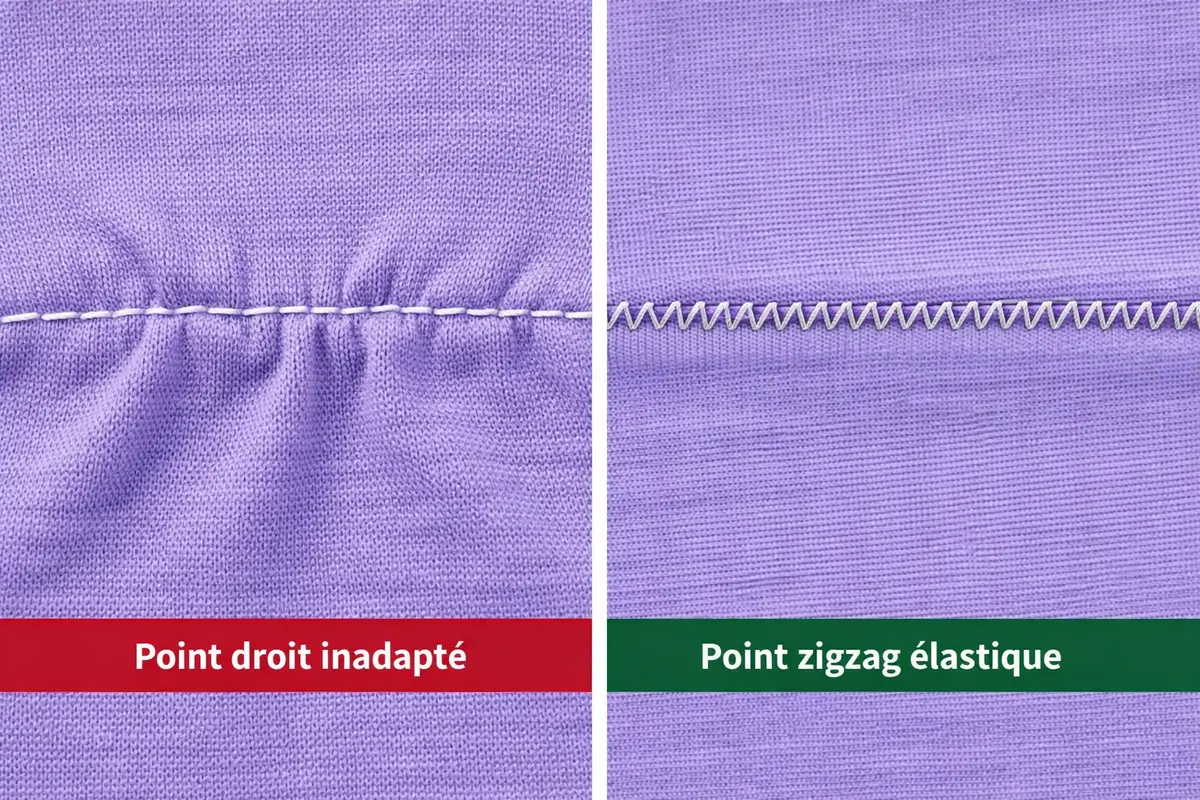 Comparaison entre un point droit trop rigide sur tissu extensible et un point plus souple mieux adapté à la maille
